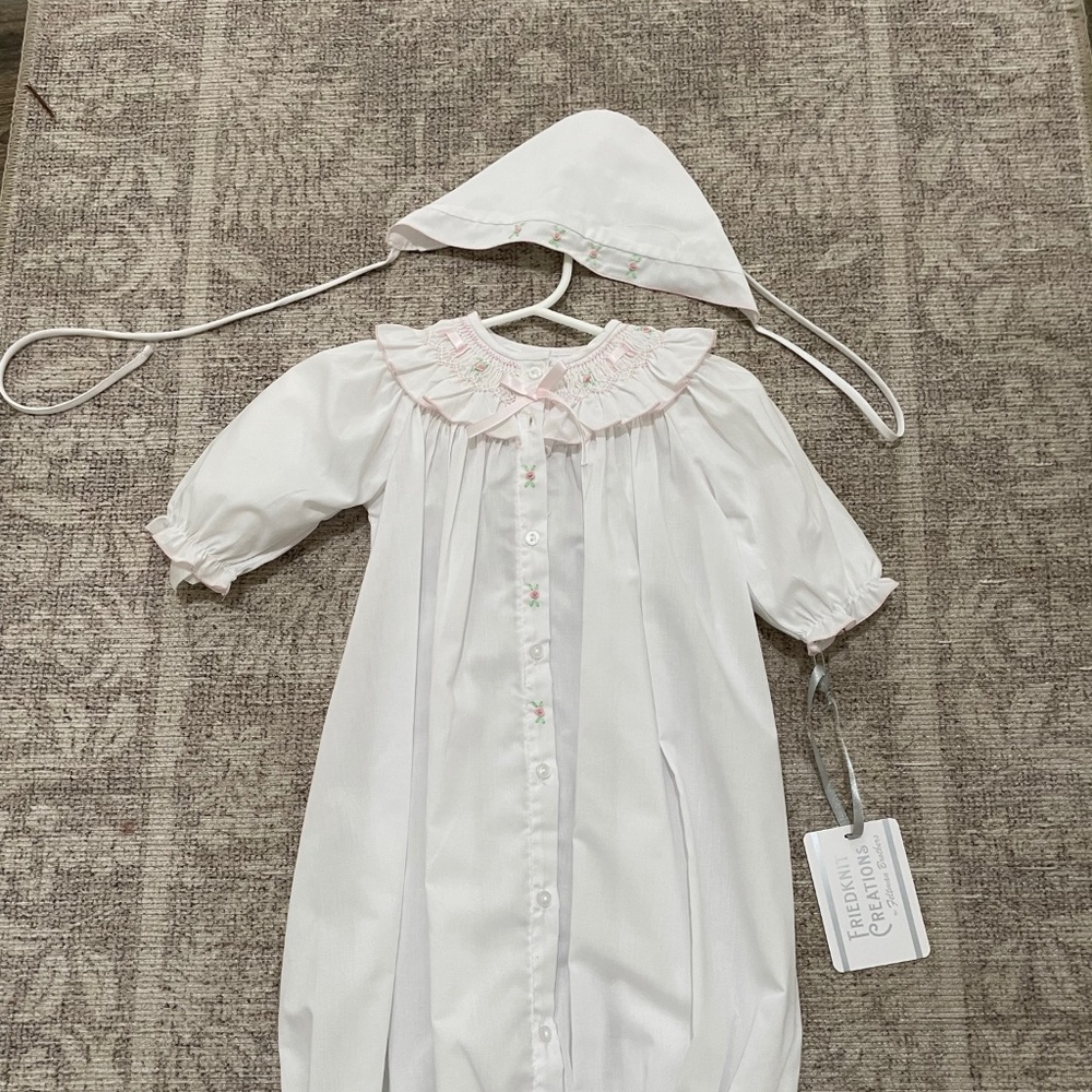 Feltman Bros. Friedknit Creations Ribbon Ruffle Smocked Gown and Hat